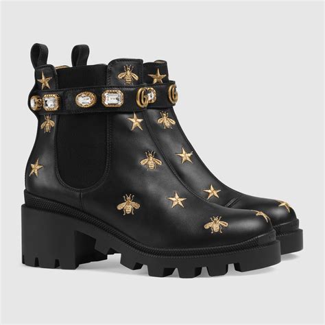 gucci embroidered leather ankle boot with belt